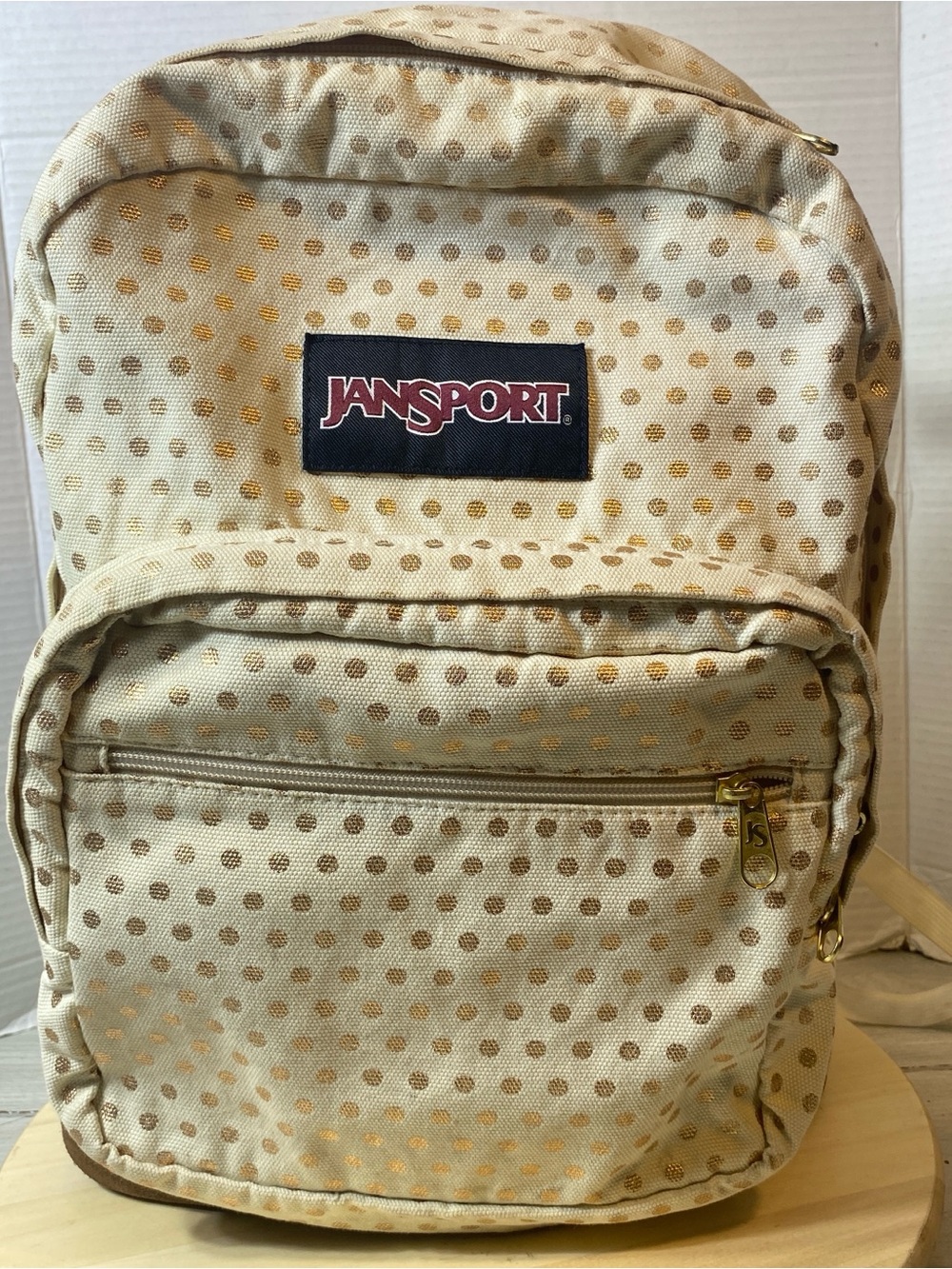 Vtg Jansport Backpack Cream Gold Polka Dot Suede Bottom School Travel Bookbag